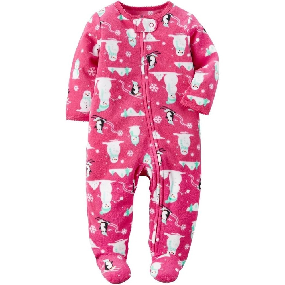 Carter's Baby Girls Size 6 Months Microfleece Sleeper Pink Snowman Penguin Zip